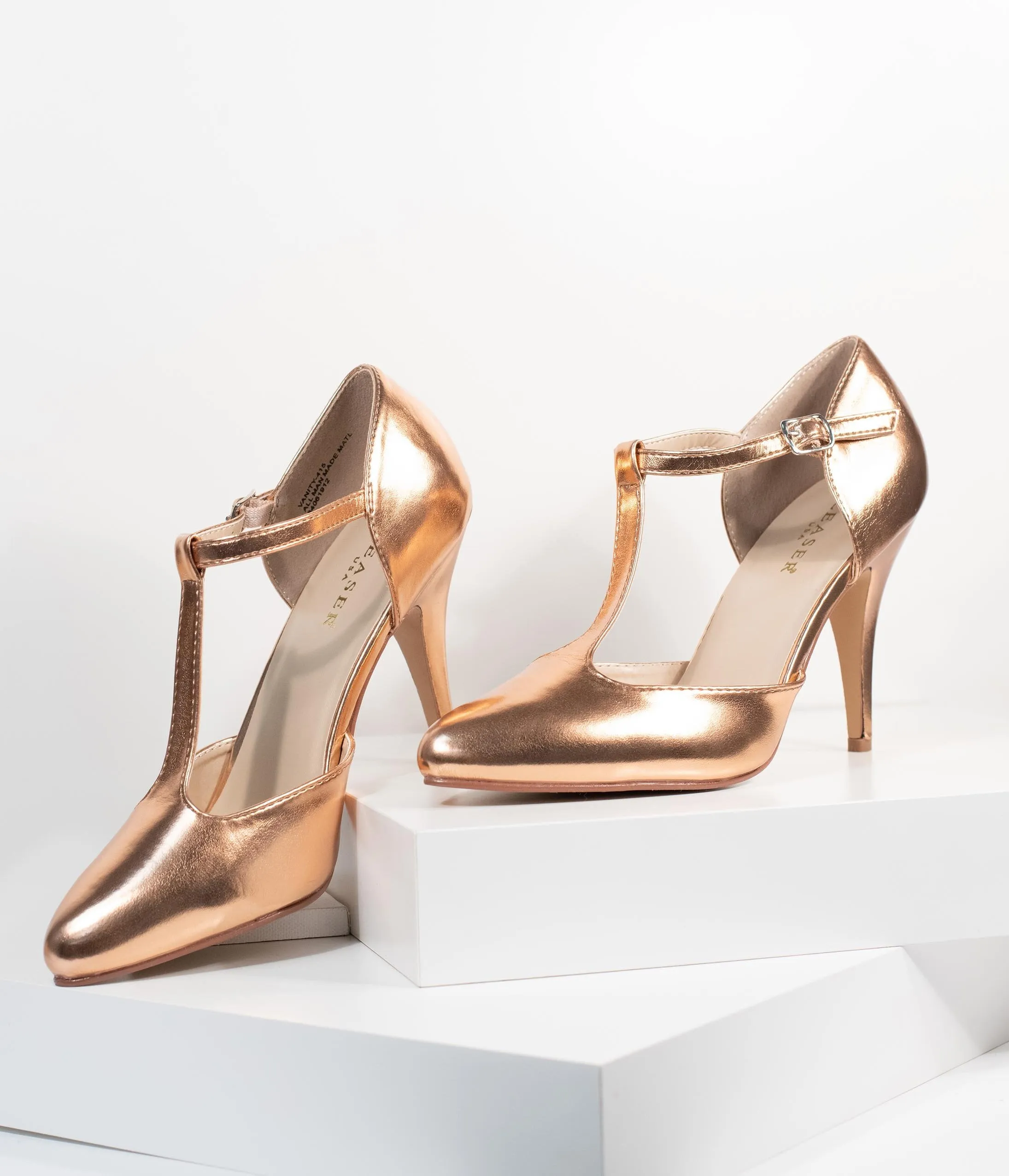 1920s Style Rose Gold Patent Leatherette T-Strap Heels