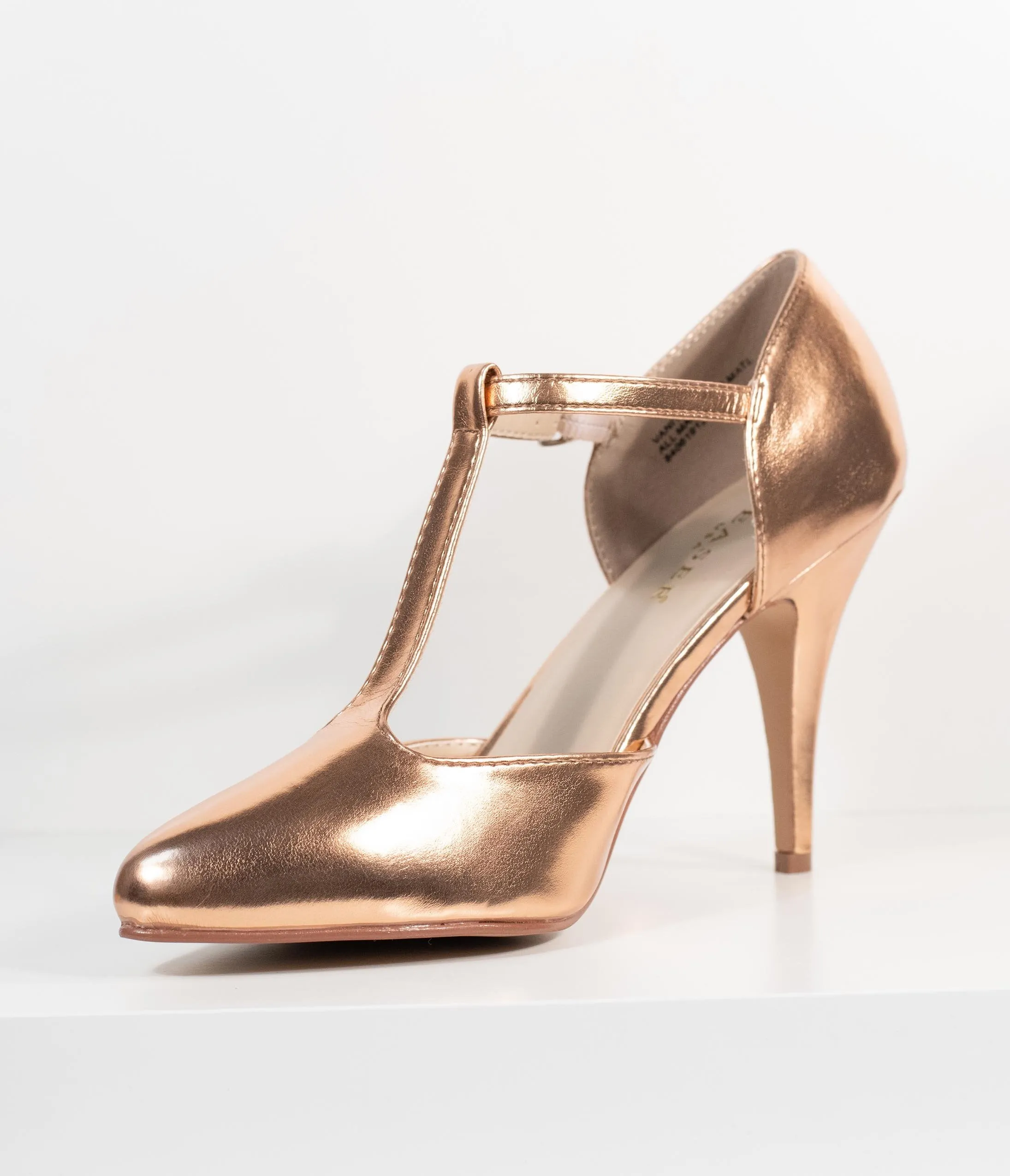 1920s Style Rose Gold Patent Leatherette T-Strap Heels