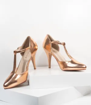 1920s Style Rose Gold Patent Leatherette T-Strap Heels