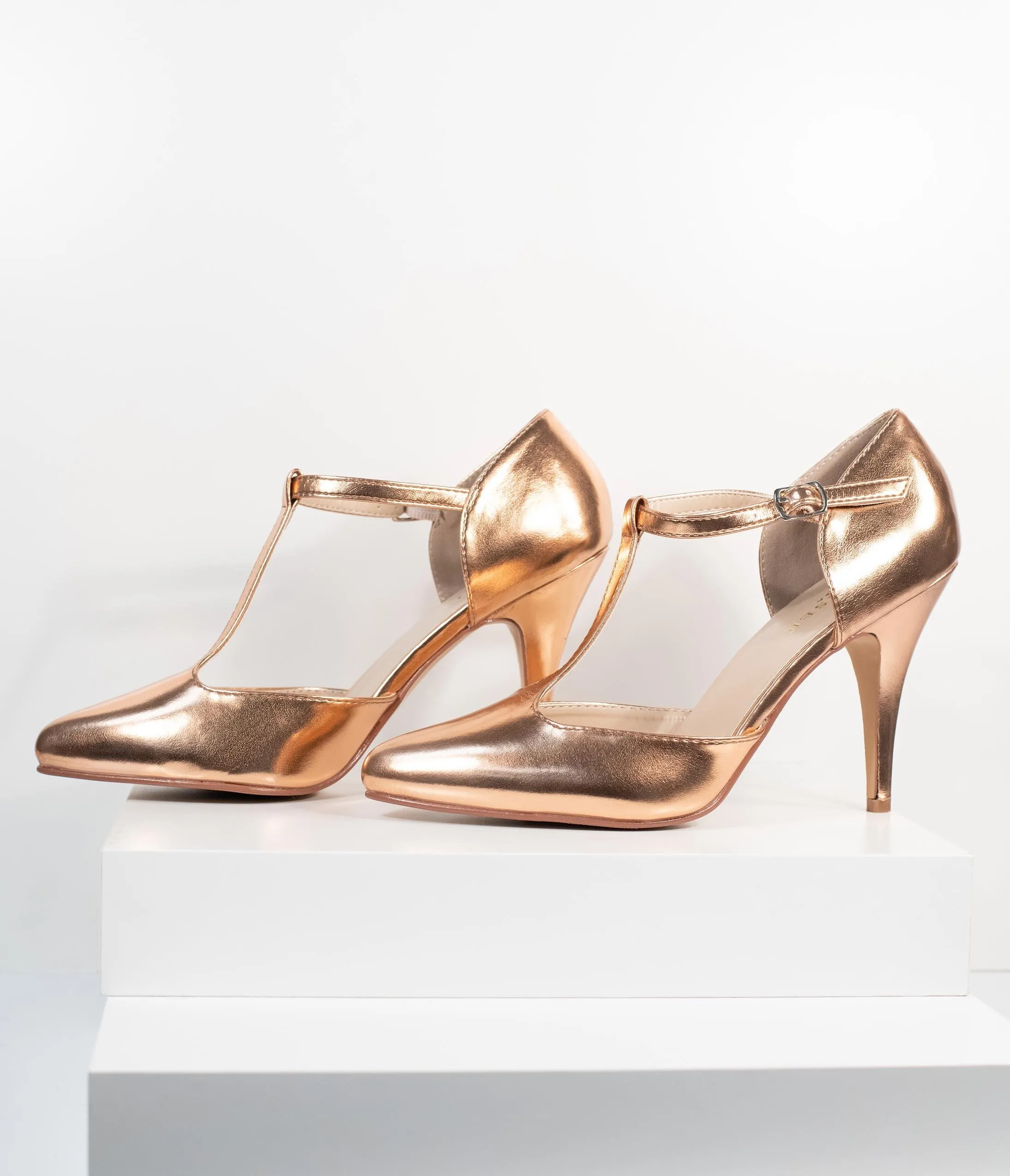 1920s Style Rose Gold Patent Leatherette T-Strap Heels