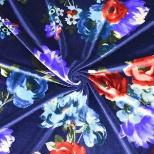 2 YD PC-Night Navy/Red/Multi Floral Printed Velvet Knit Fabric