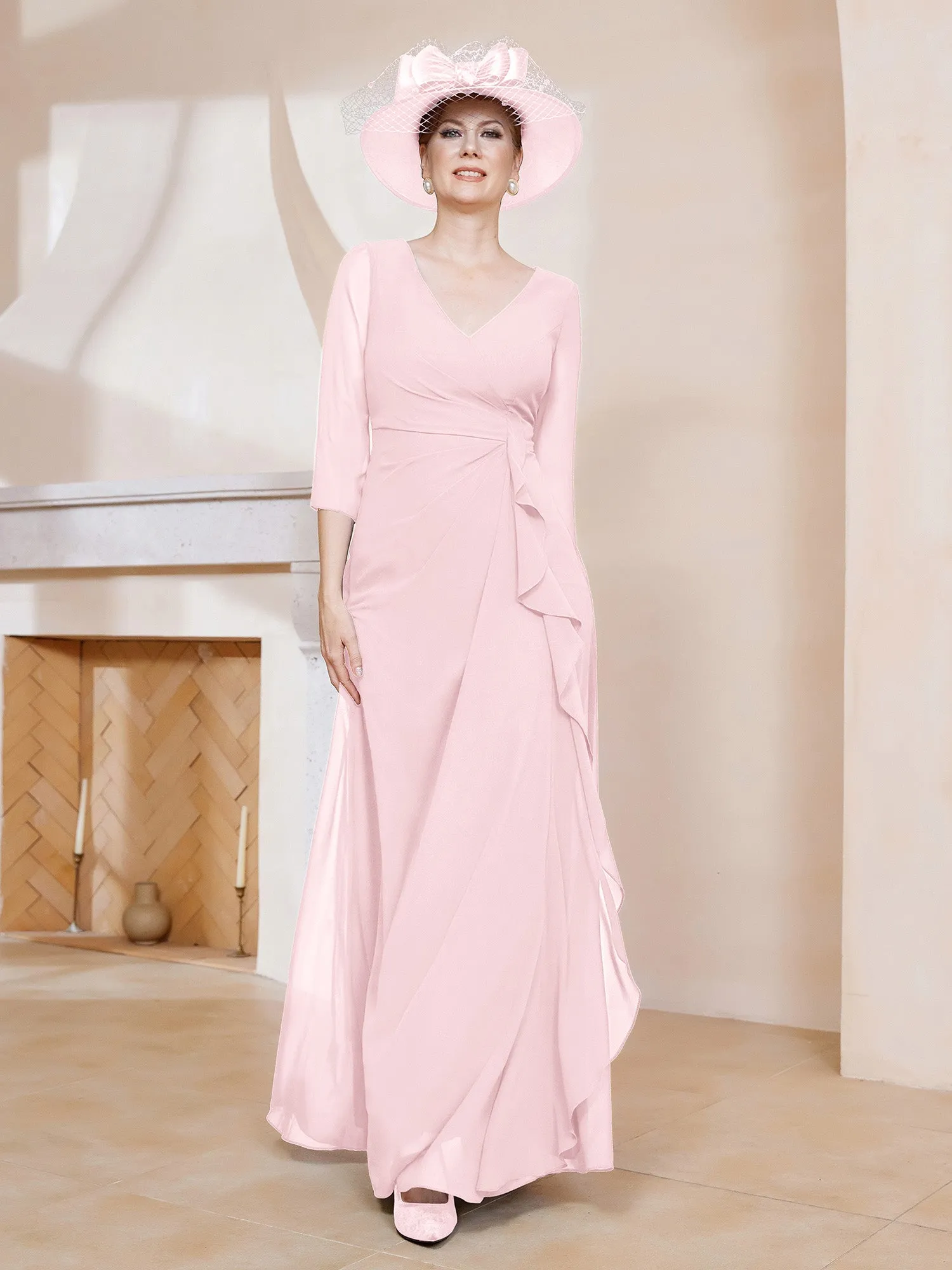 3/4-Length Sleeves V-neck Pleated Long Dress Blushing Pink