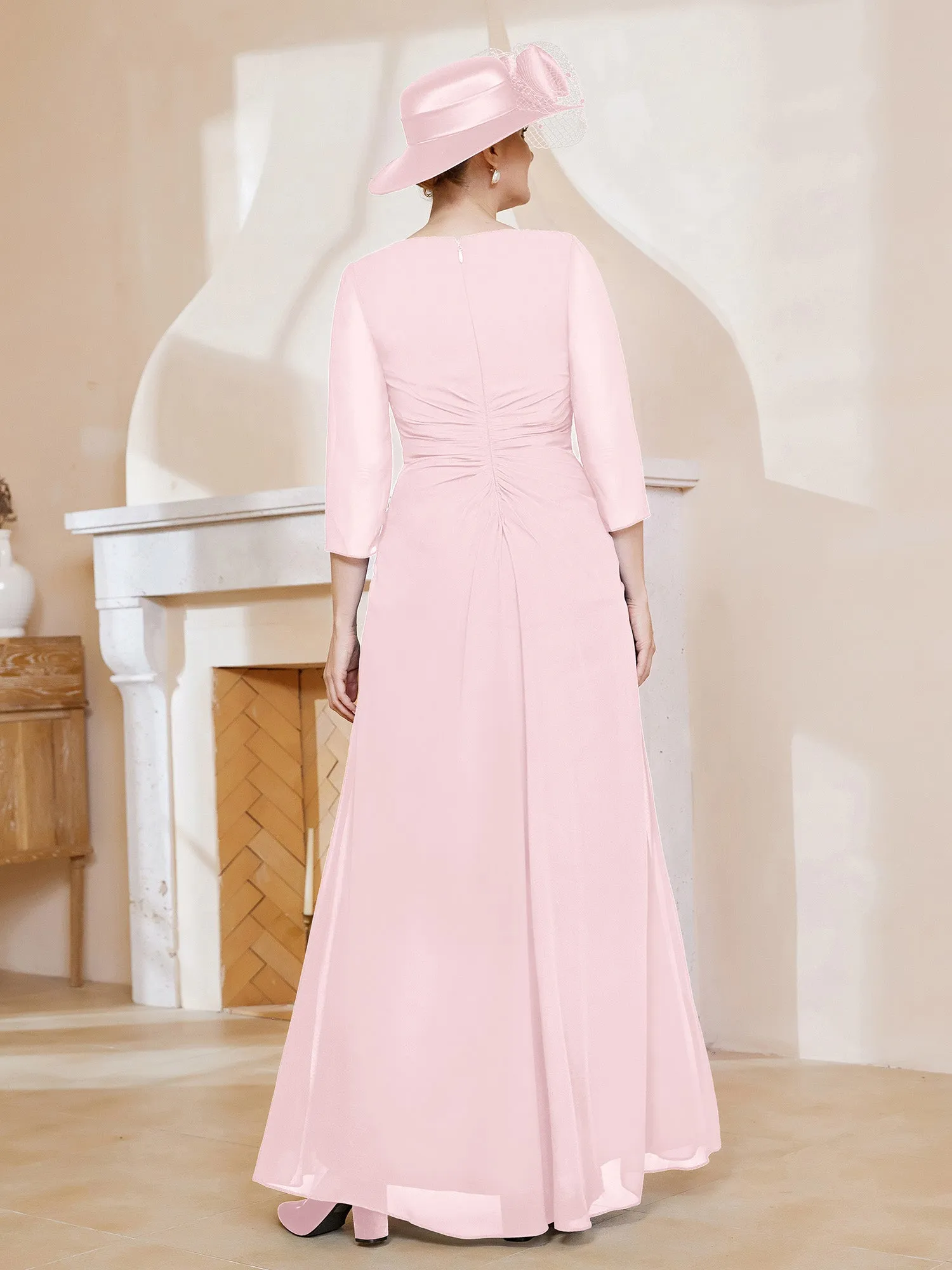 3/4-Length Sleeves V-neck Pleated Long Dress Blushing Pink