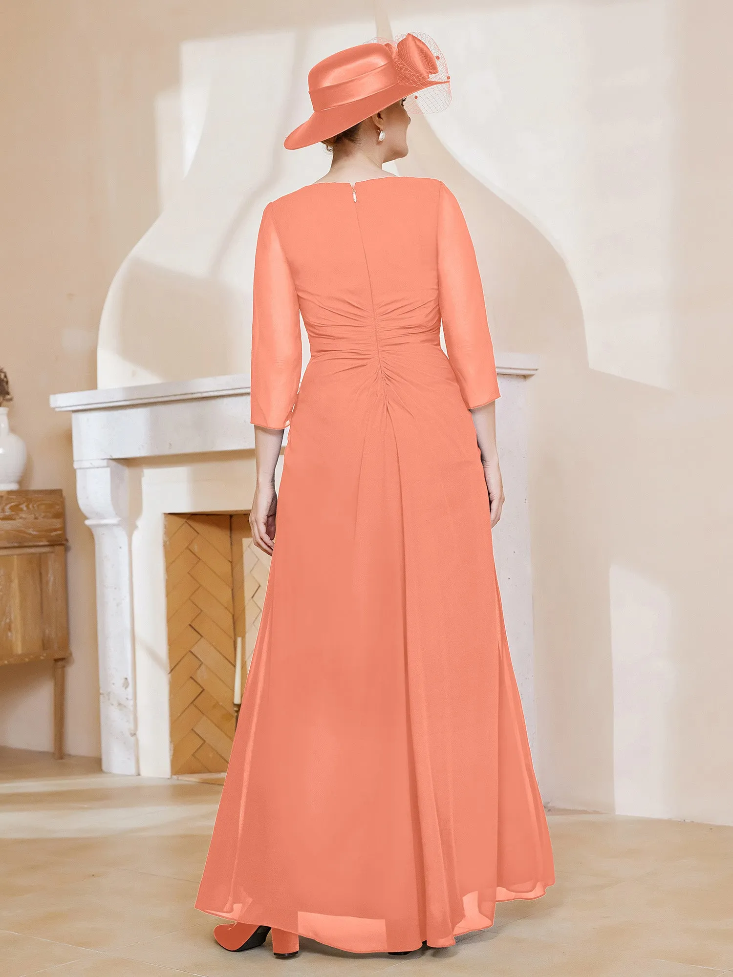 3/4-Length Sleeves V-neck Pleated Long Dress Sunset
