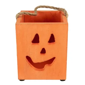 6.25" Small Orange Wood Jack-O'-Lantern Halloween Candle Lantern
