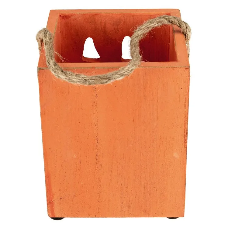 6.25" Small Orange Wood Jack-O'-Lantern Halloween Candle Lantern