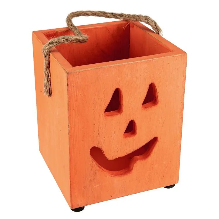 6.25" Small Orange Wood Jack-O'-Lantern Halloween Candle Lantern