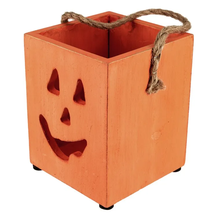 6.25" Small Orange Wood Jack-O'-Lantern Halloween Candle Lantern