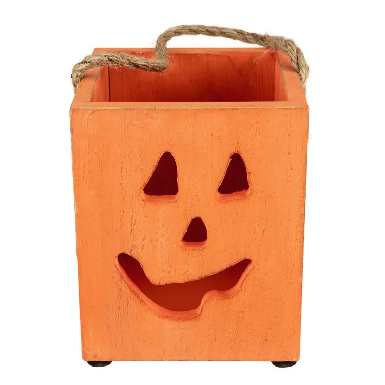 6.25" Small Orange Wood Jack-O'-Lantern Halloween Candle Lantern