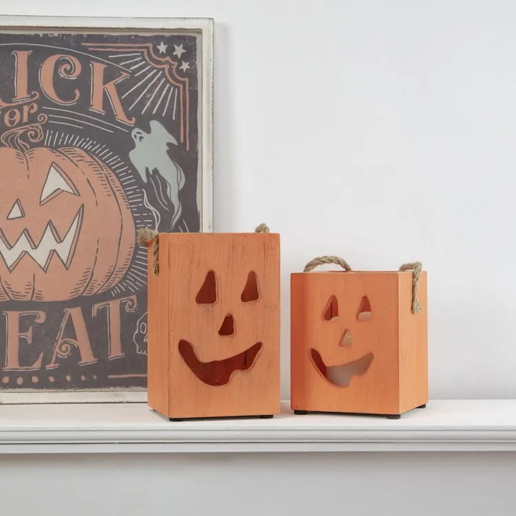 6.25" Small Orange Wood Jack-O'-Lantern Halloween Candle Lantern