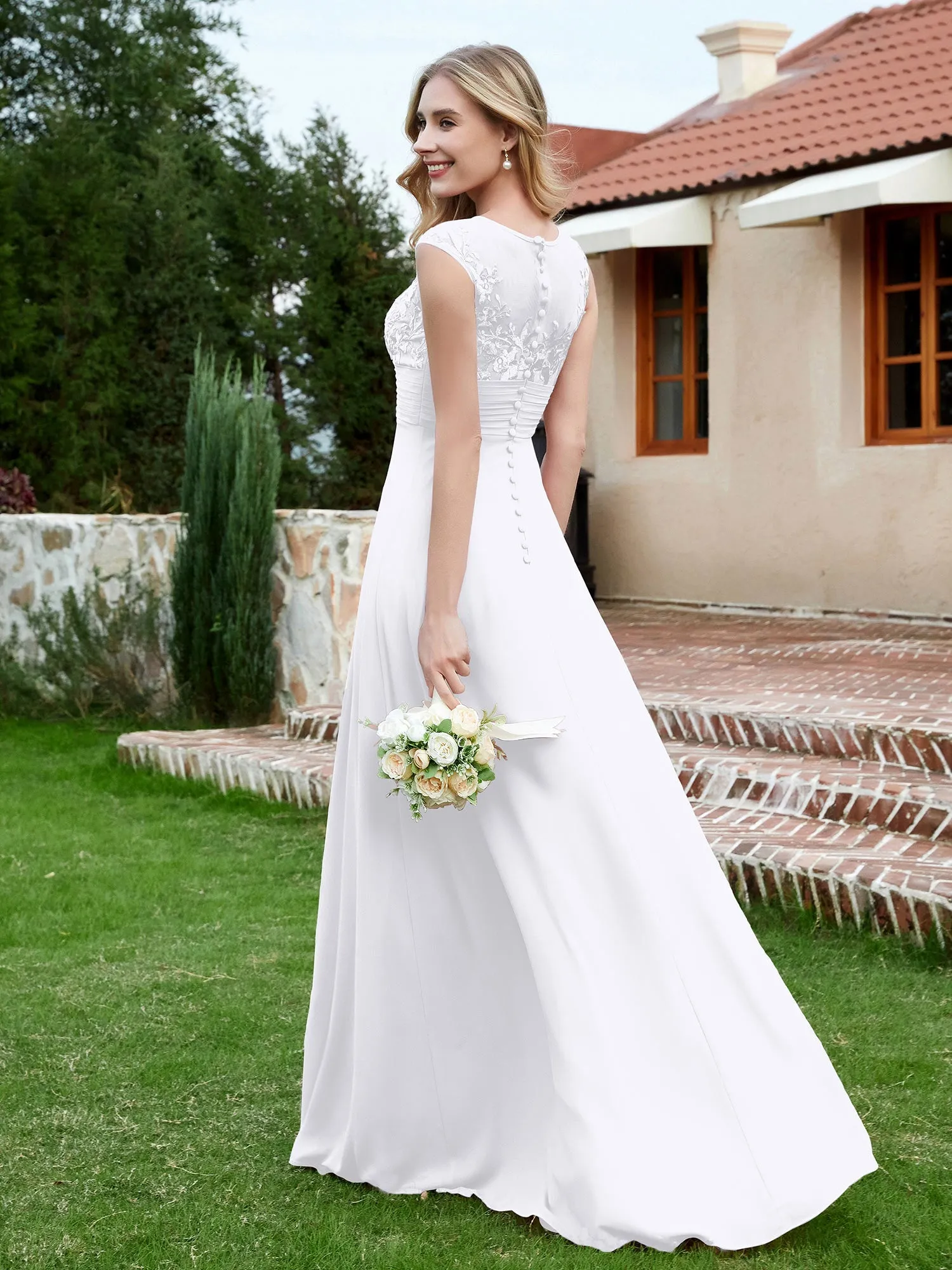 A-Line Chiffon Dress with Illusion Neckline White