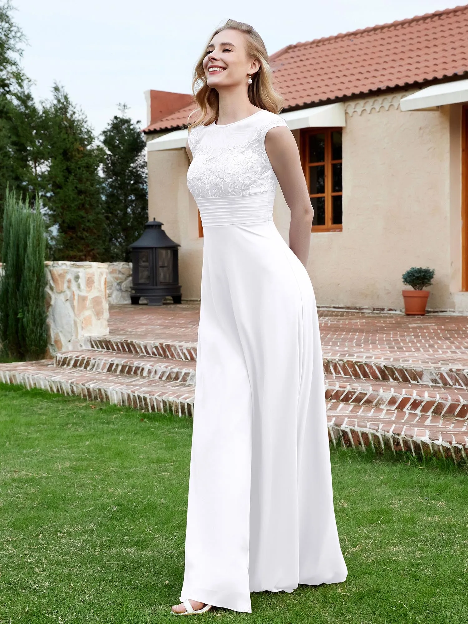 A-Line Chiffon Dress with Illusion Neckline White