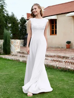 A-Line Chiffon Dress with Illusion Neckline White