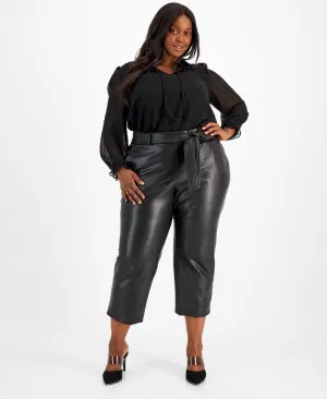 Bar III Womens Plus Size Faux-Leather Tie-Waist Pants 10850095