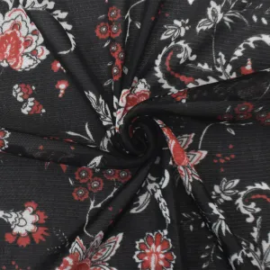Black-White-Orange Floral Printed Stretch Poly Spandex Mesh Knit Fabric