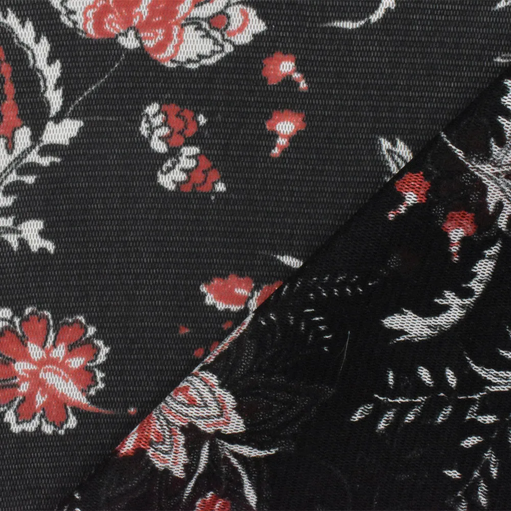 Black-White-Orange Floral Printed Stretch Poly Spandex Mesh Knit Fabric