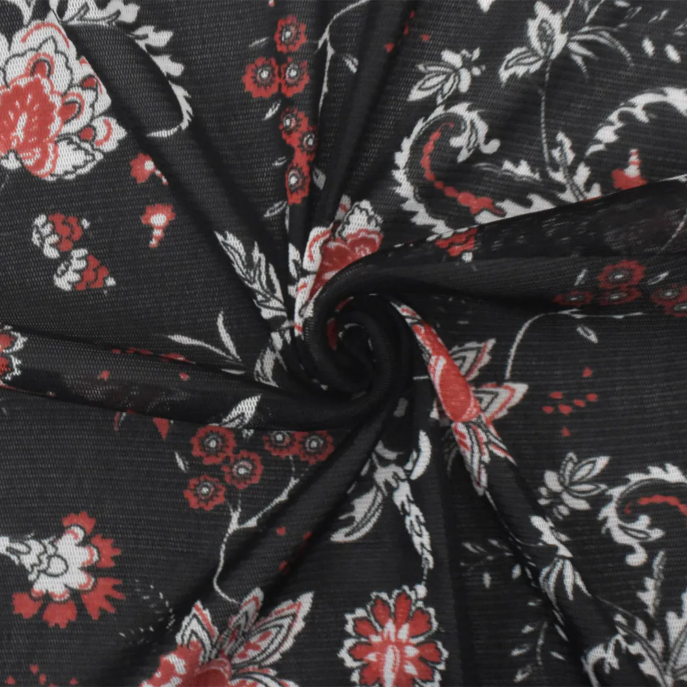 Black-White-Orange Floral Printed Stretch Poly Spandex Mesh Knit Fabric