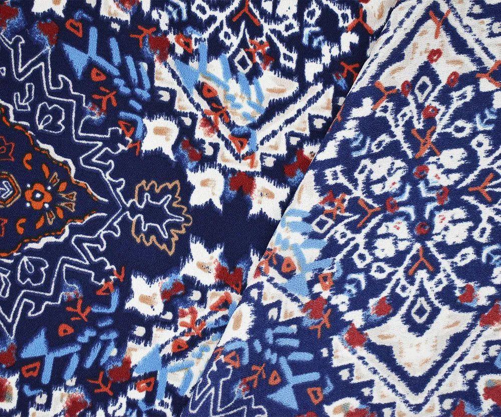 Blue-Brown-Multi  Moroccan Diamond Print Poly Crepe Momie Georgette Fabric
