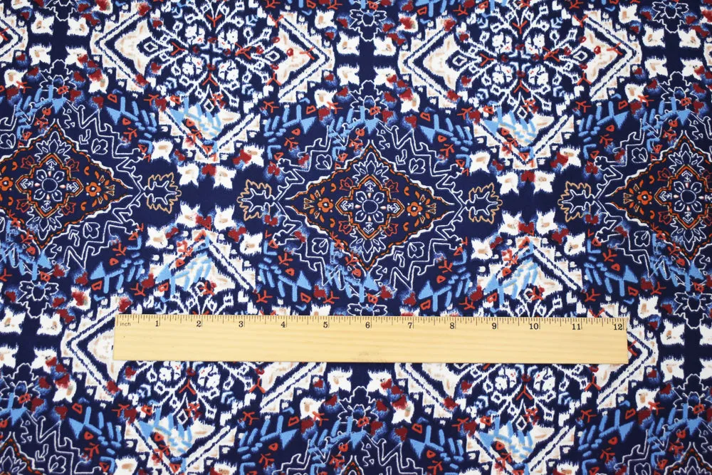 Blue-Brown-Multi  Moroccan Diamond Print Poly Crepe Momie Georgette Fabric