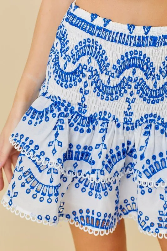 Blue White Eyelet Lace Mini Skirt