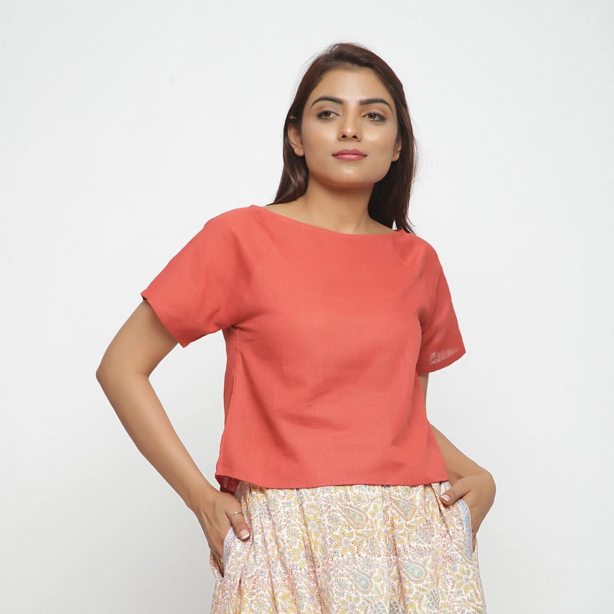 Brick Red Boat Neck Half Sleeve 100% Cotton Top