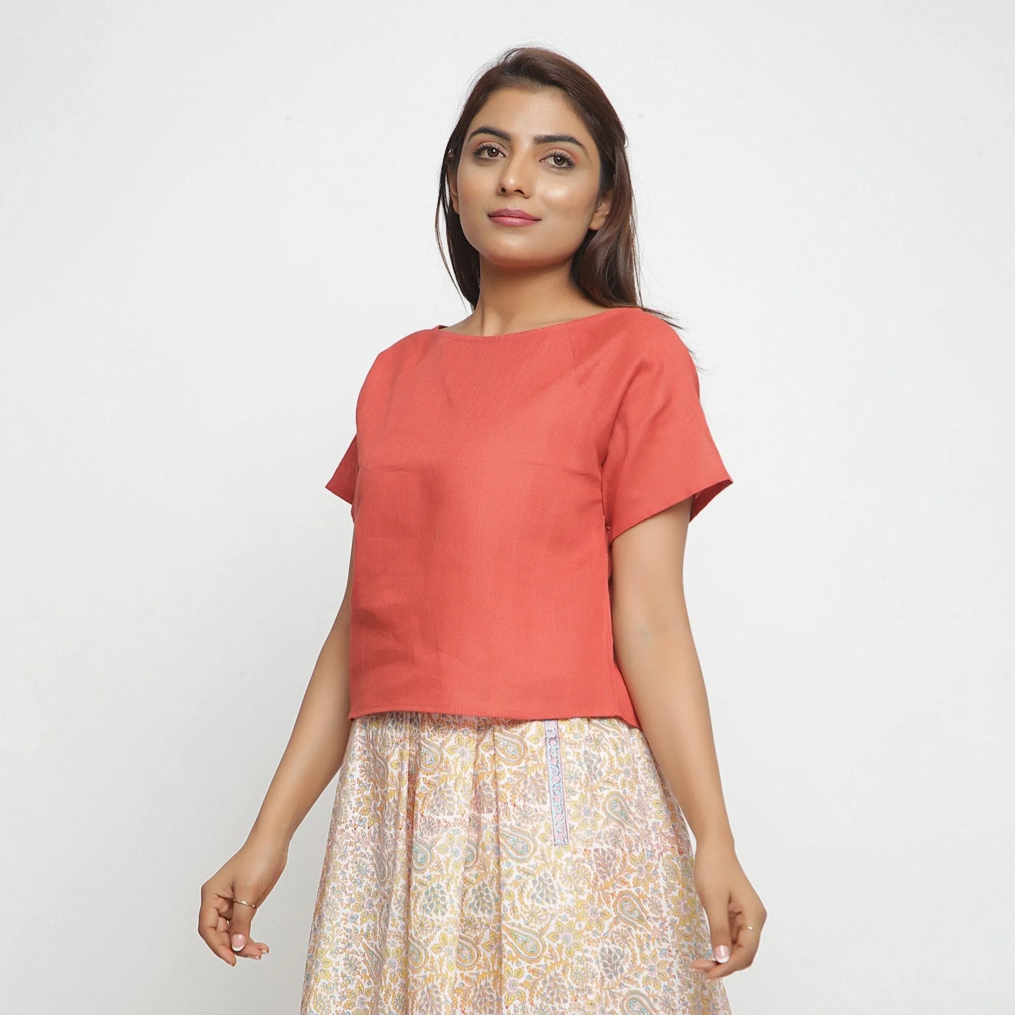 Brick Red Boat Neck Half Sleeve 100% Cotton Top