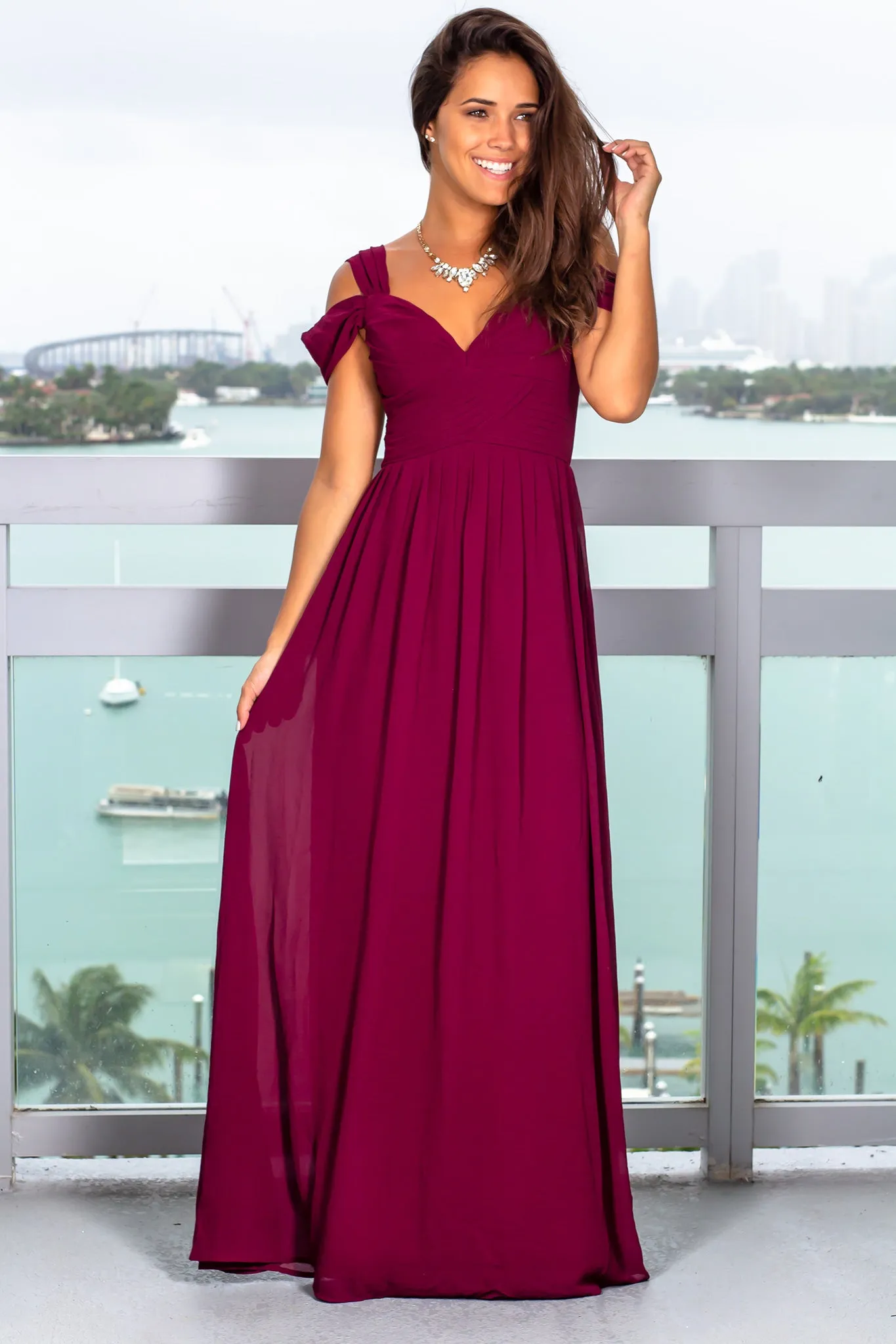 Burgundy Pleated Off Shoulder Maxi Dress