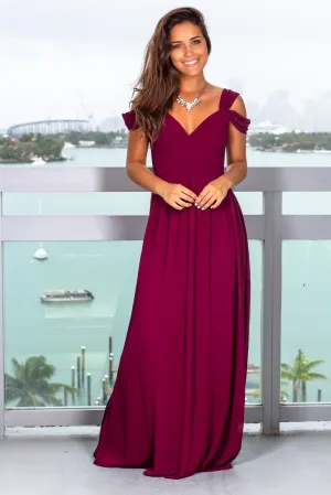 Burgundy Pleated Off Shoulder Maxi Dress