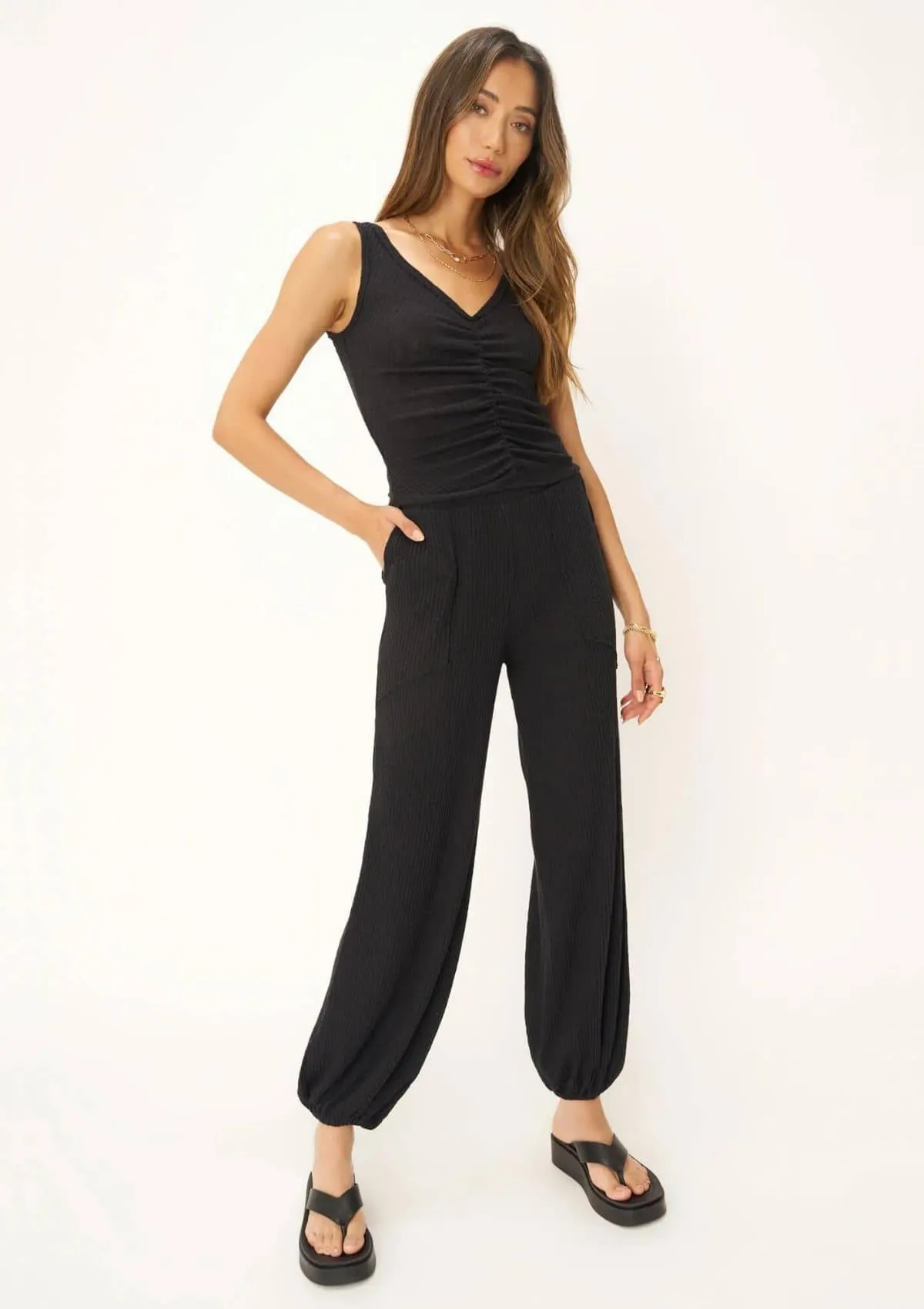 Cabana Ruched Textured Rib Tank - Black