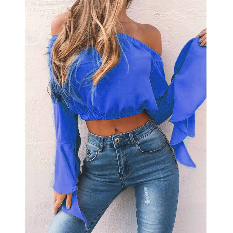 Casual Off Shoulder Crop Top Flare Long Sleeve