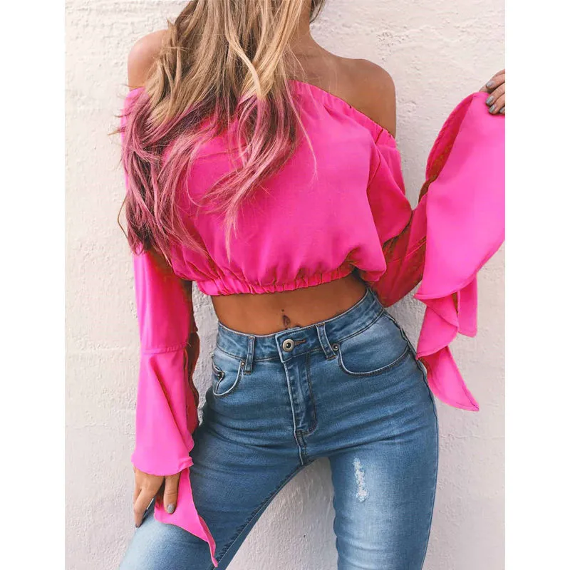 Casual Off Shoulder Crop Top Flare Long Sleeve