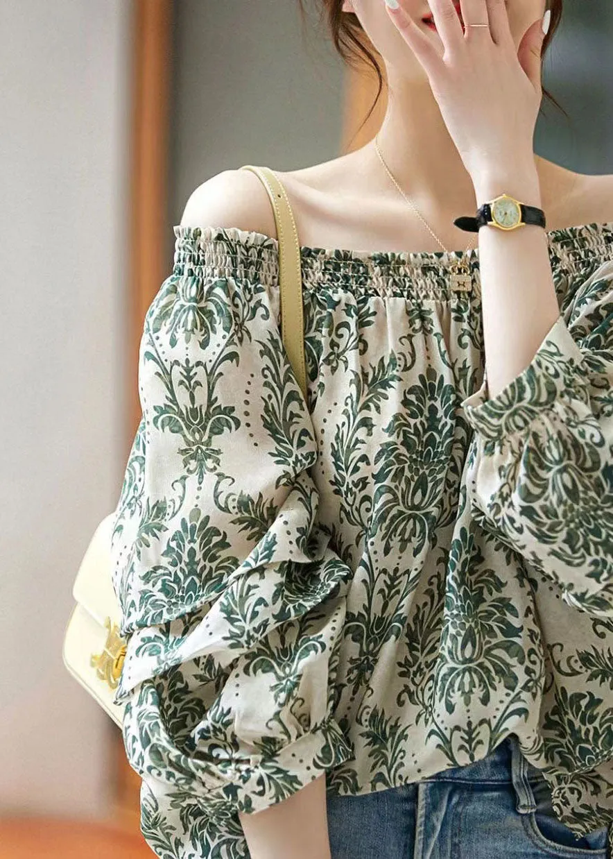 Chic Green Slash Neck Print Patchwork Chiffon Shirt Tops Summer TP1027