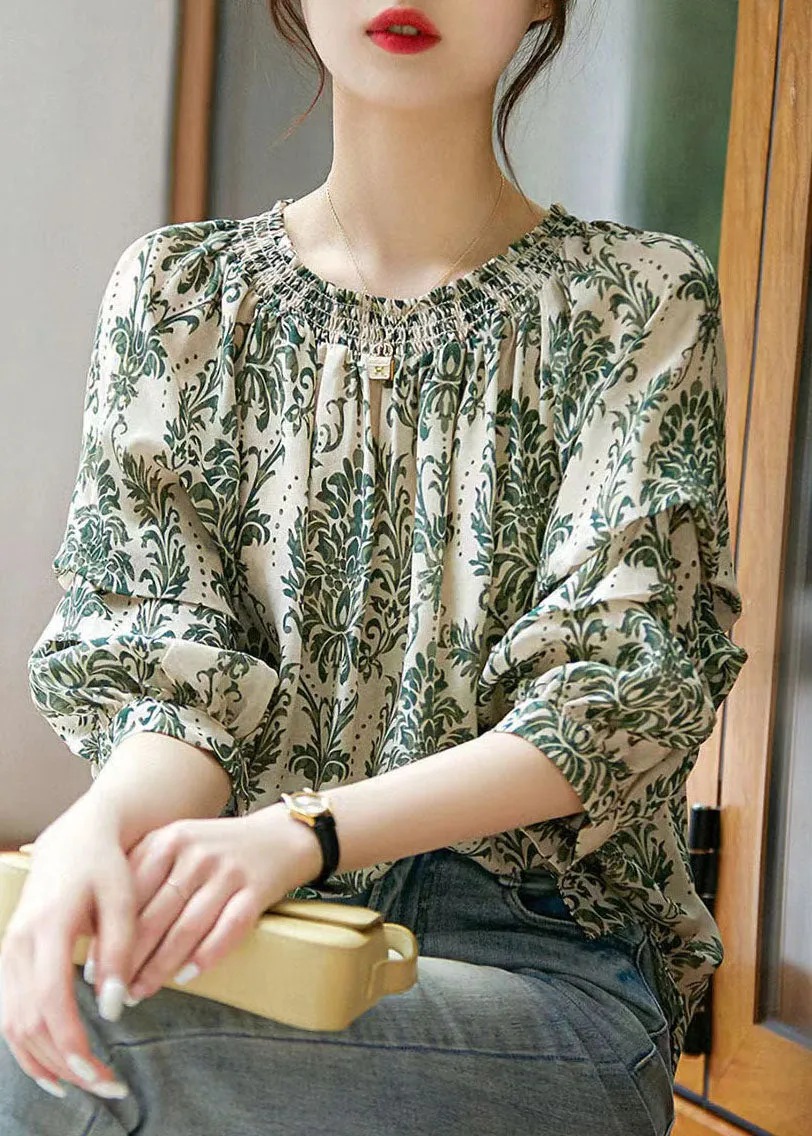 Chic Green Slash Neck Print Patchwork Chiffon Shirt Tops Summer TP1027
