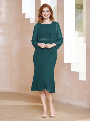 Chiffon Beaded Tea-length Dress with Jacket Peacock
