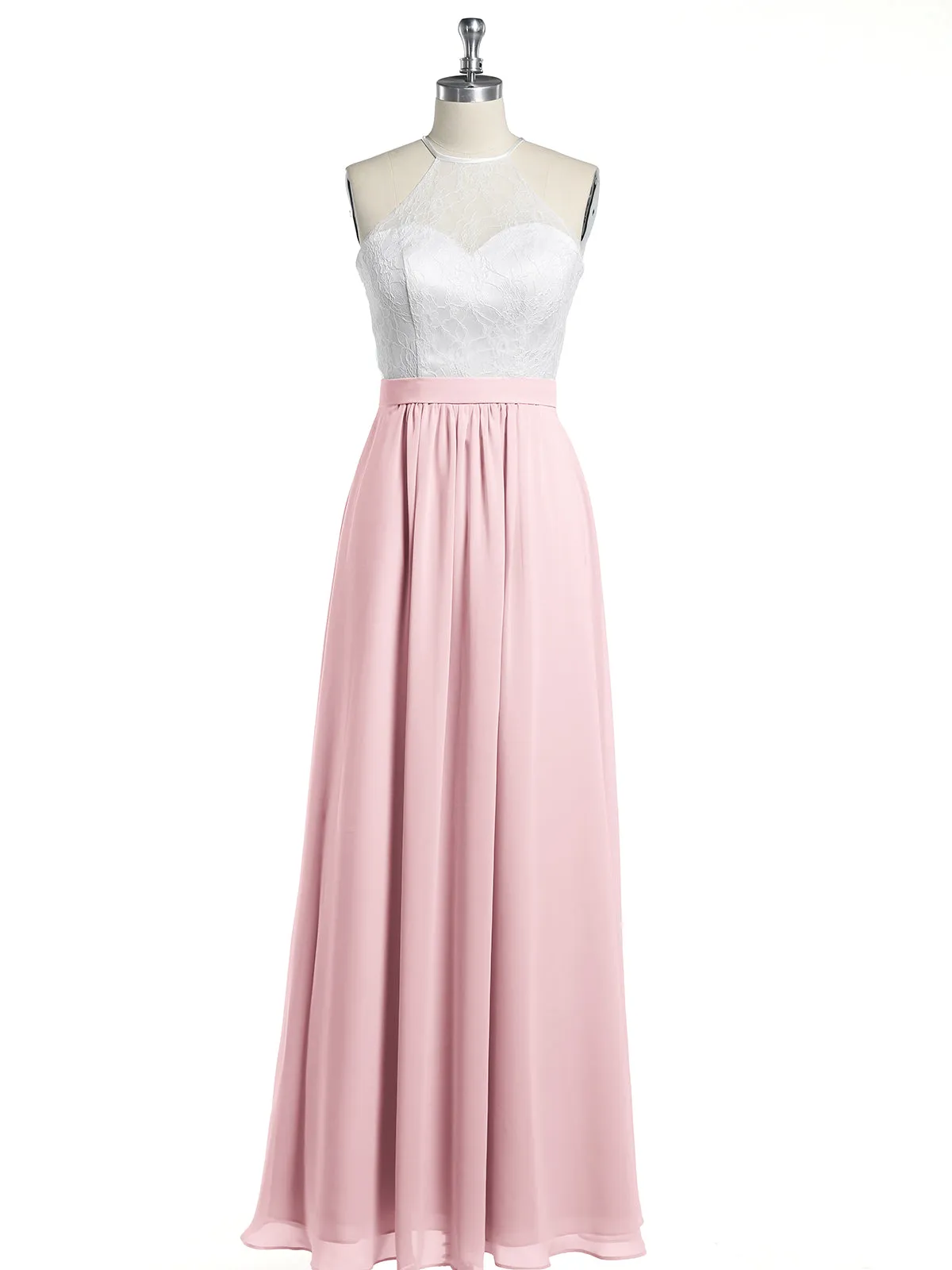 Chiffon Long Dresses with Ivory Lace Bodice-Blushing Pink Plus Size