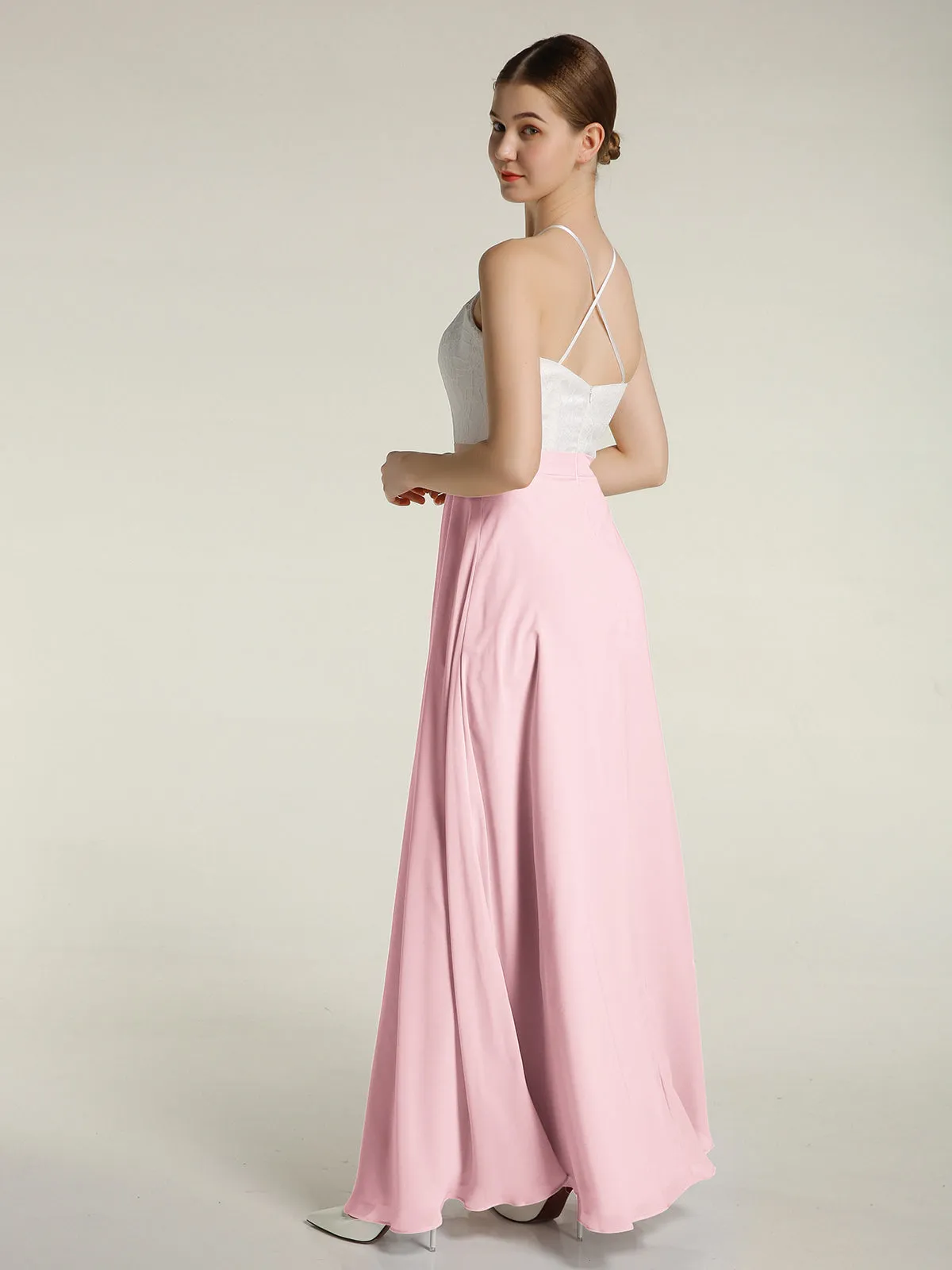 Chiffon Long Dresses with Ivory Lace Bodice-Blushing Pink Plus Size