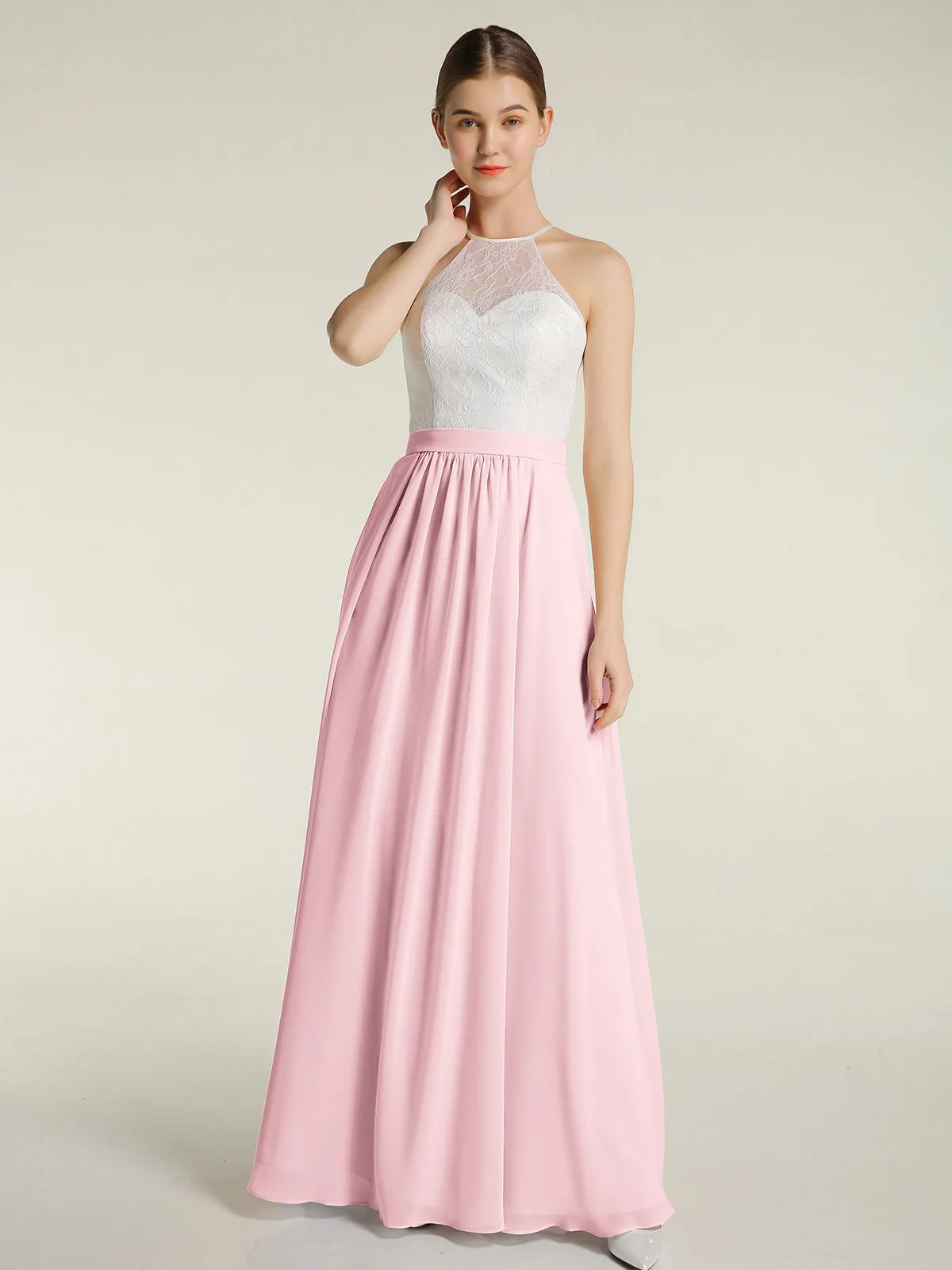 Chiffon Long Dresses with Ivory Lace Bodice-Blushing Pink Plus Size