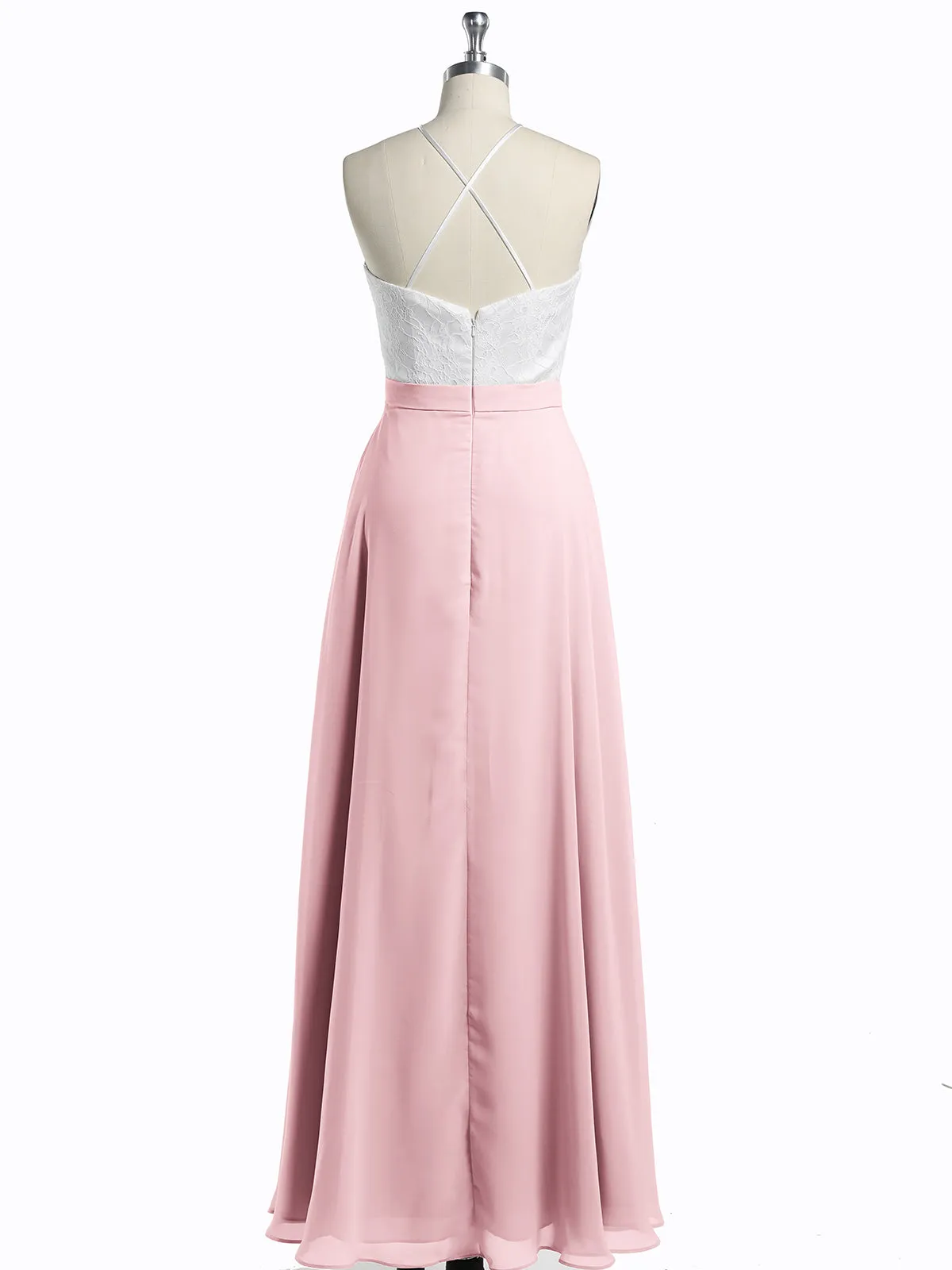 Chiffon Long Dresses with Ivory Lace Bodice-Blushing Pink Plus Size