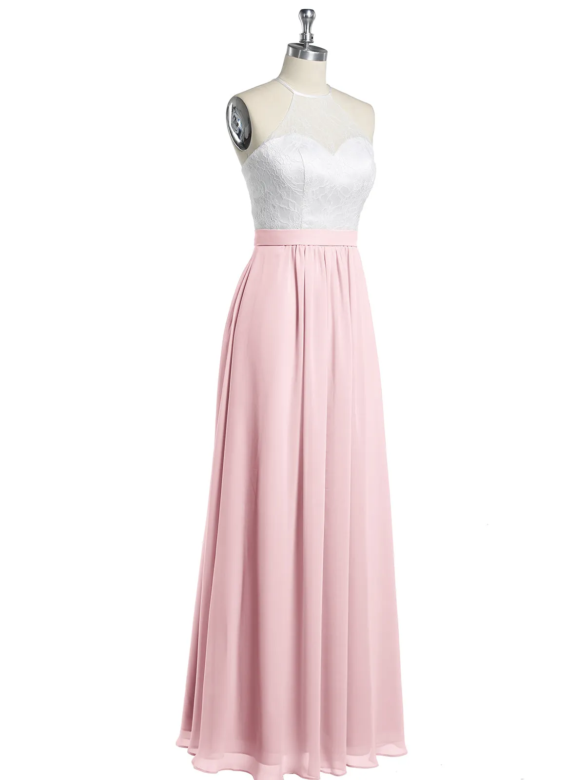 Chiffon Long Dresses with Ivory Lace Bodice-Blushing Pink Plus Size