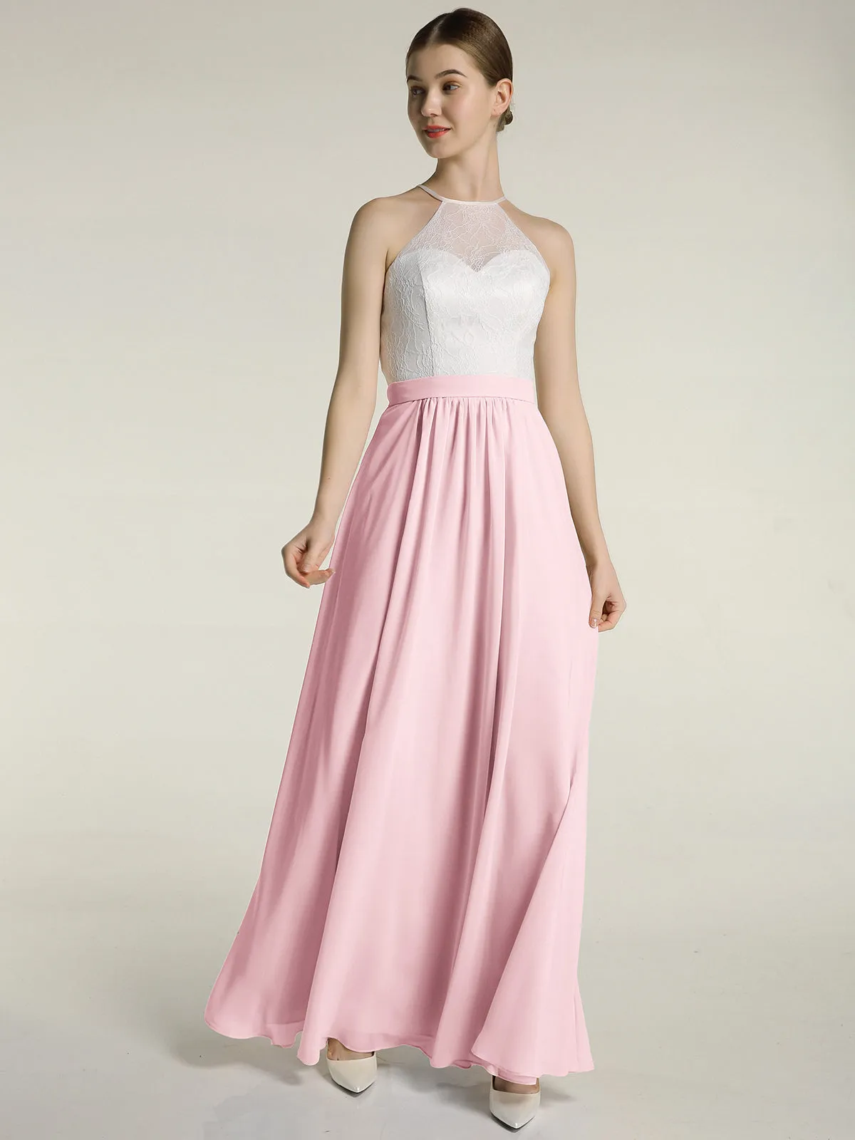 Chiffon Long Dresses with Ivory Lace Bodice-Blushing Pink Plus Size