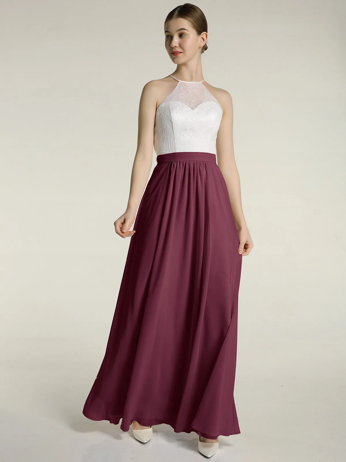 Chiffon Long Dresses with Ivory Lace Bodice-Mulberry Plus Size