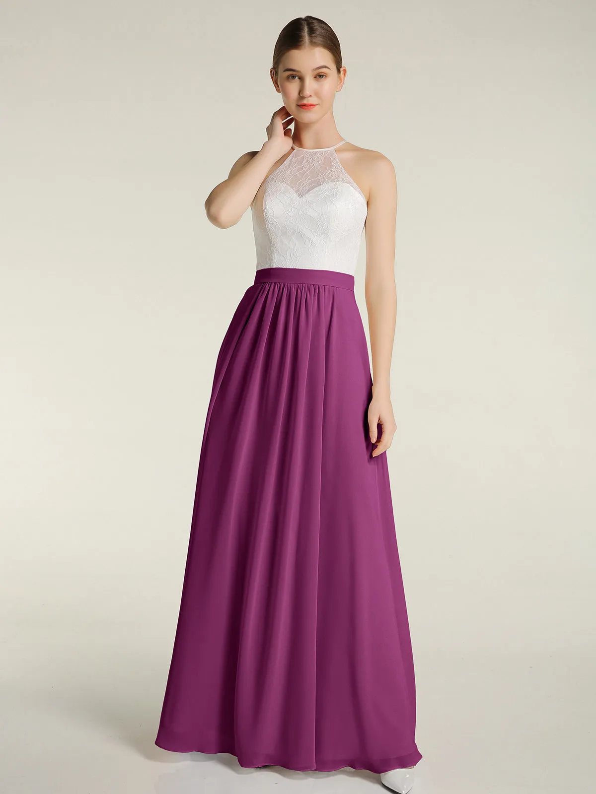Chiffon Long Dresses with Ivory Lace Bodice-Orchid
