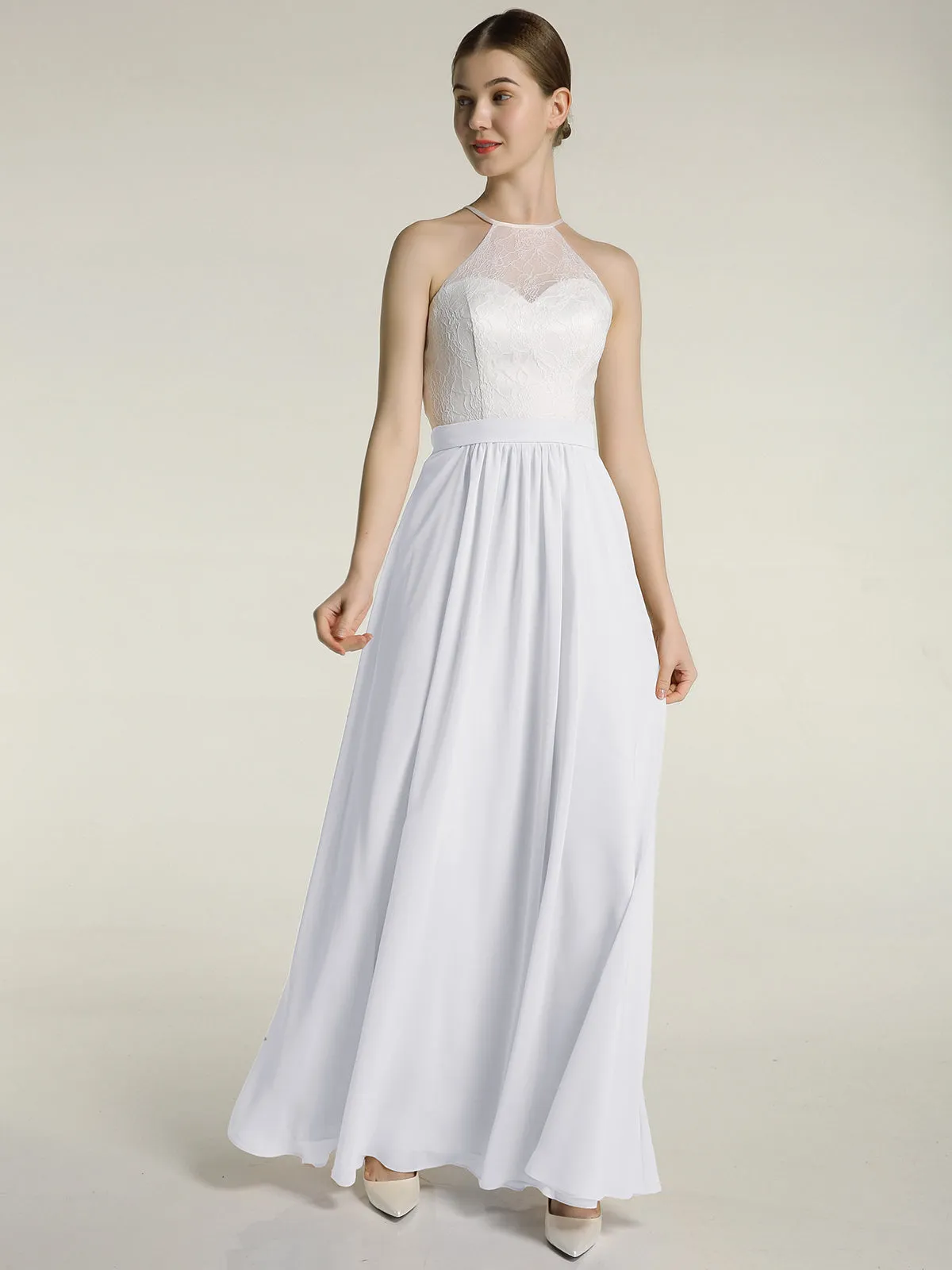 Chiffon Long Dresses with Ivory Lace Bodice-White Plus Size