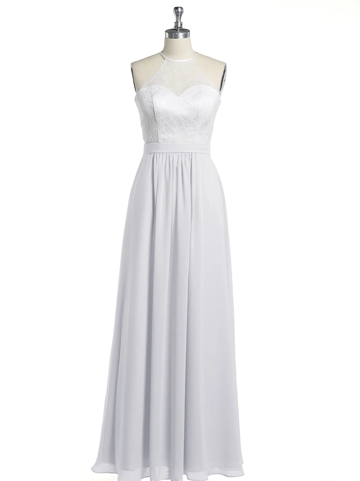 Chiffon Long Dresses with Ivory Lace Bodice-White Plus Size