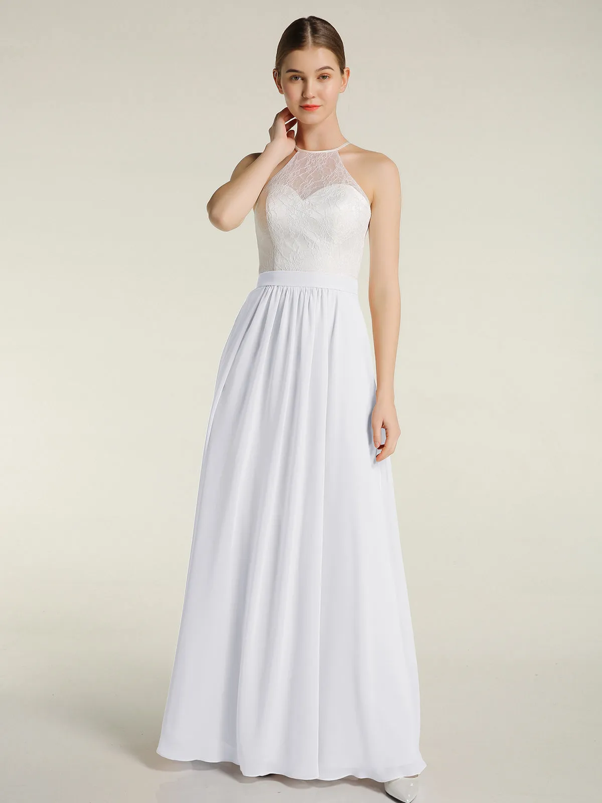 Chiffon Long Dresses with Ivory Lace Bodice-White Plus Size