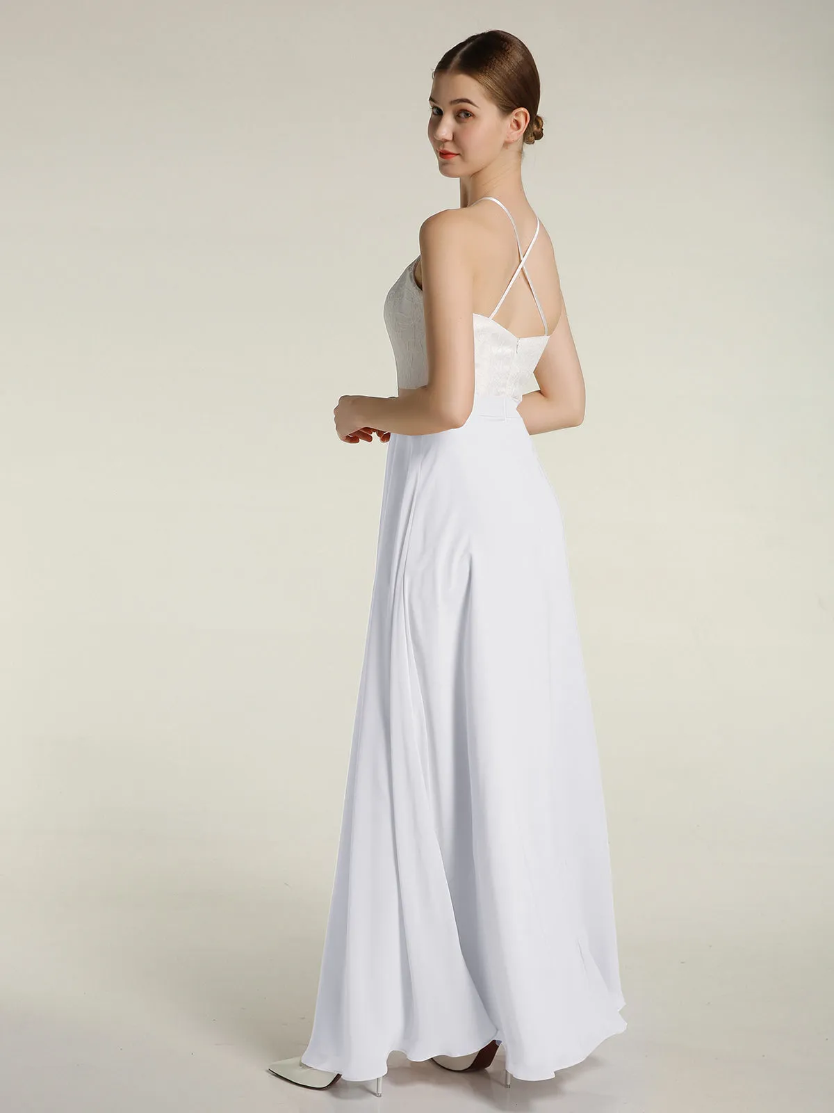 Chiffon Long Dresses with Ivory Lace Bodice-White Plus Size
