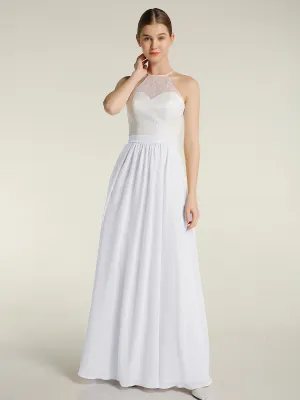 Chiffon Long Dresses with Ivory Lace Bodice-White Plus Size
