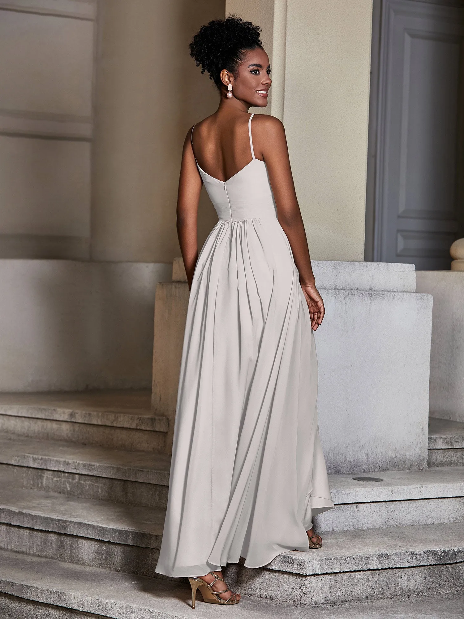 Cross Pleated Bodice Spaghetti Strap Dresses Silver