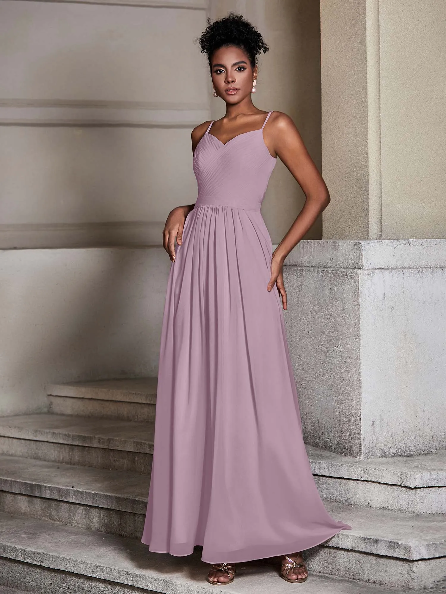 Cross Pleated Bodice Spaghetti Strap Dresses Vintage Mauve