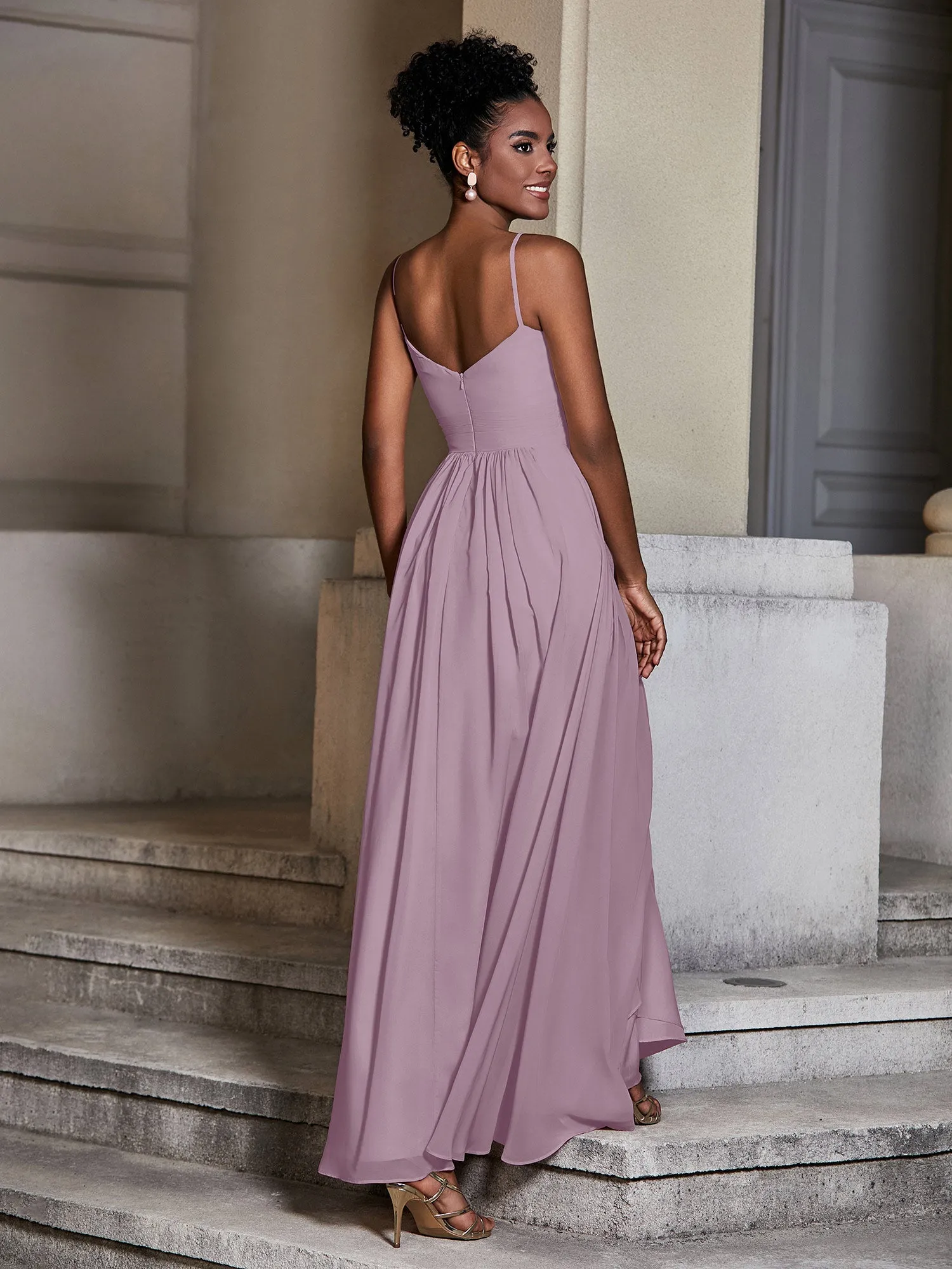 Cross Pleated Bodice Spaghetti Strap Dresses Vintage Mauve